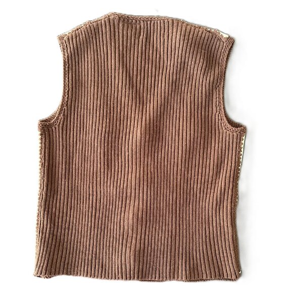 Rare 1970s Suede & Knit Vest Crochet Trim / covered buttons Brown Tan Vintage - Picture 4 of 10